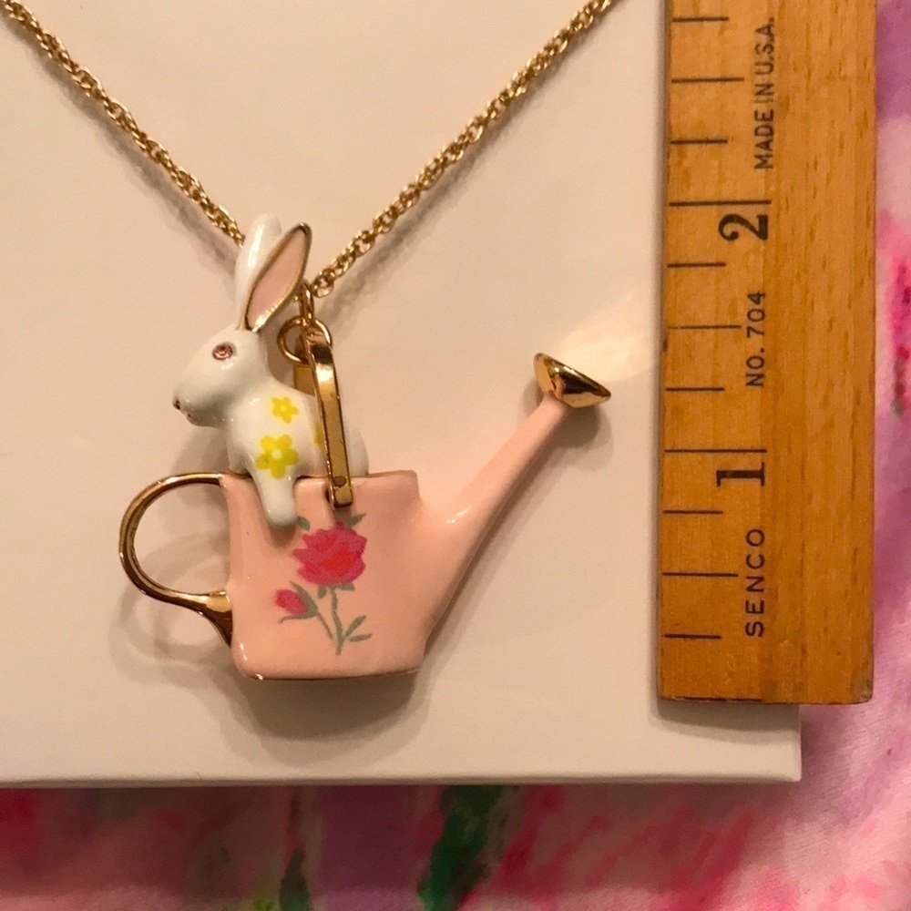 Brand New Betsey Johnson Watering Can Bunny Slider Long Pendant Necklace Easter - Picture 5 of 10